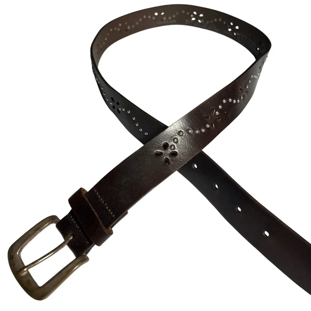 Hipwear Floral Perforated Italian Leather Studded Belt Brown L (31-35) Western